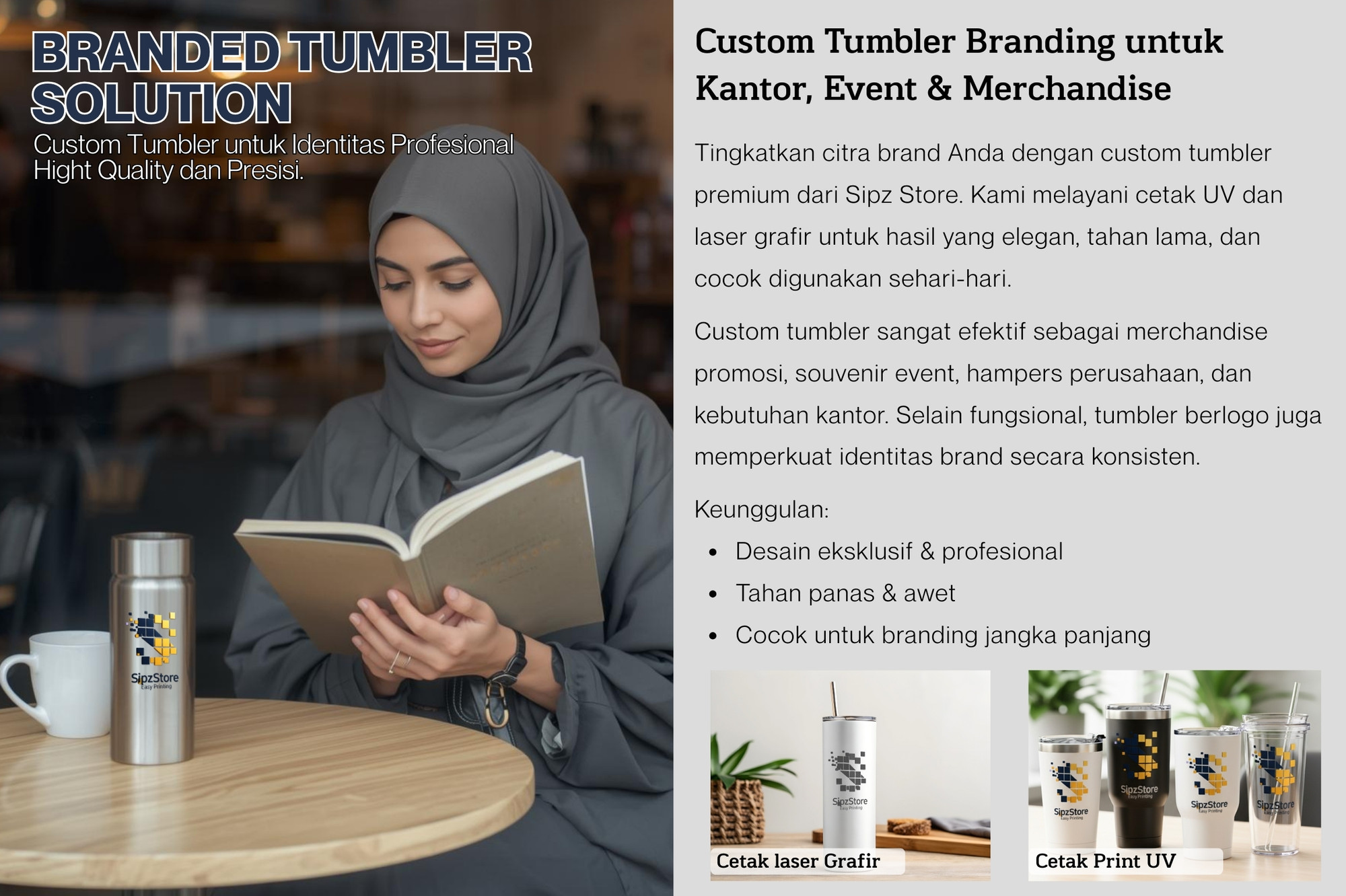 BRANDED TUMBLER SOLUTION Custom Tumbler untuk Identitas Profesional Hight Quality dan Presisi.  Custom Tumbler Branding untuk Kantor, Event & Merchandise  Tingkatkan citra brand Anda dengan custom tumbler premium dari Sipz Store. Kami melayani cetak UV dan laser grafir untuk hasil yang elegan, tahan lama, dan cocok digunakan sehari-hari.  Custom tumbler sangat efektif sebagai merchandise promosi, souvenir event, hampers perusahaan, dan kebutuhan kantor. Selain fungsional, tumbler berlogo juga memperkuat identitas brand secara konsisten.  Keunggulan:  Desain eksklusif & profesional Tahan panas & awet Cocok untuk branding jangka panjang Cetak laser Grafir Cetak Print UV